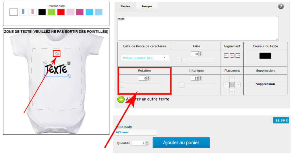 Faire pivoter un texte sur un vêtement de naissance