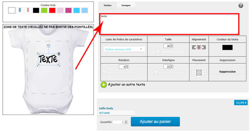 Modifier un texte sur un vêtement de naissance à customiser