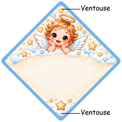 Pancarte avec un petit ange, auréole et étoiles