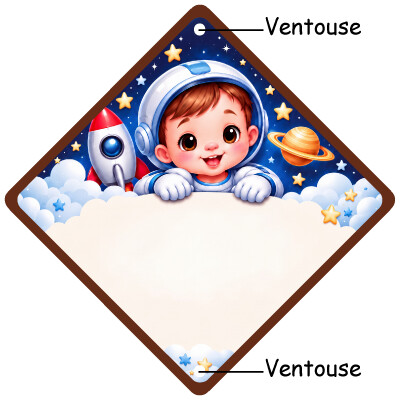 Pancarte avec un bébé cosmonaute, une fusée et une planète