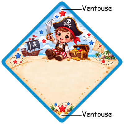 Pancarte avec un petit pirate et son coffre au trésor